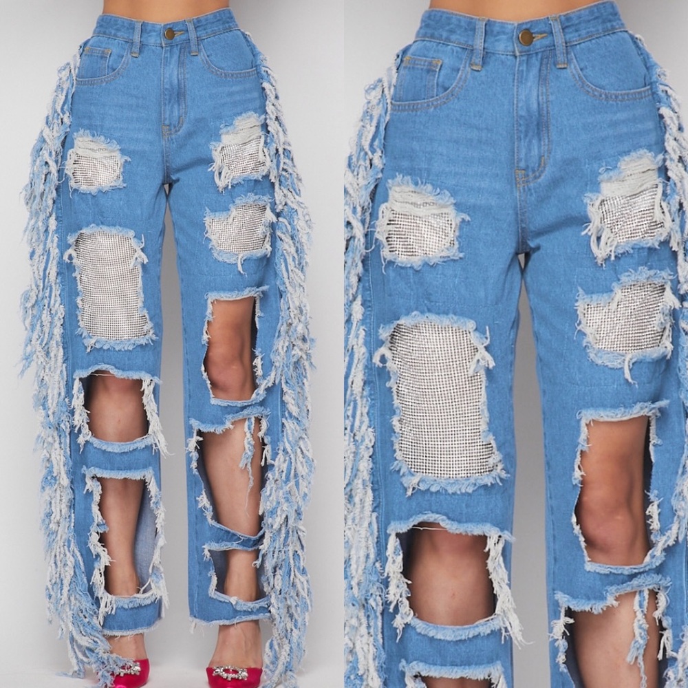 Ripped & Shimmery Fringe Jeans
